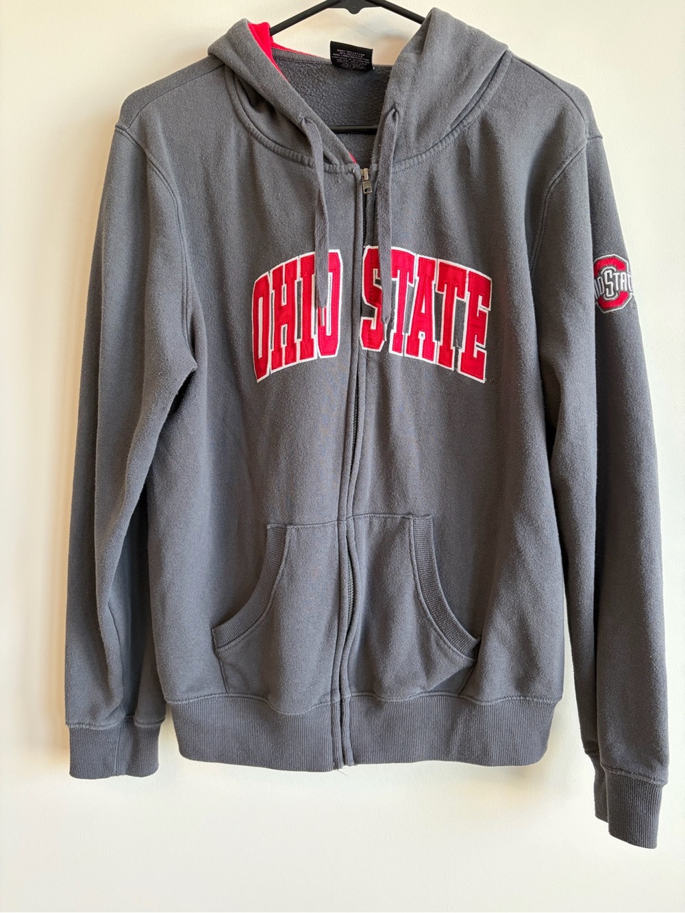 Colosseum Gray Zip-Up Hoodie with Red Ohio State Embroidered Lettering